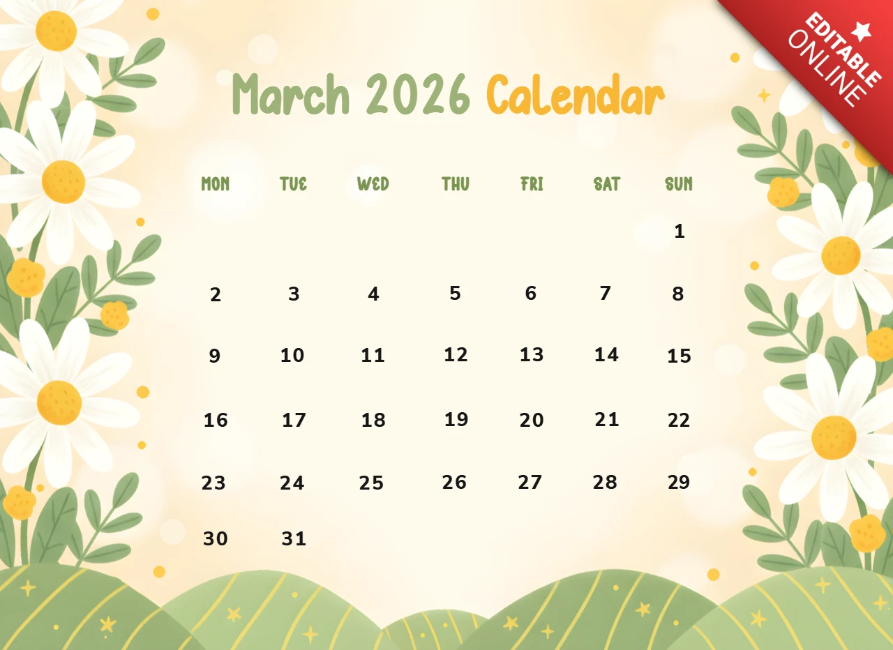 Diseño de calendario de marzo de 2026 inspirado en la naturaleza con hojas verdes y fondo amarillo suave.