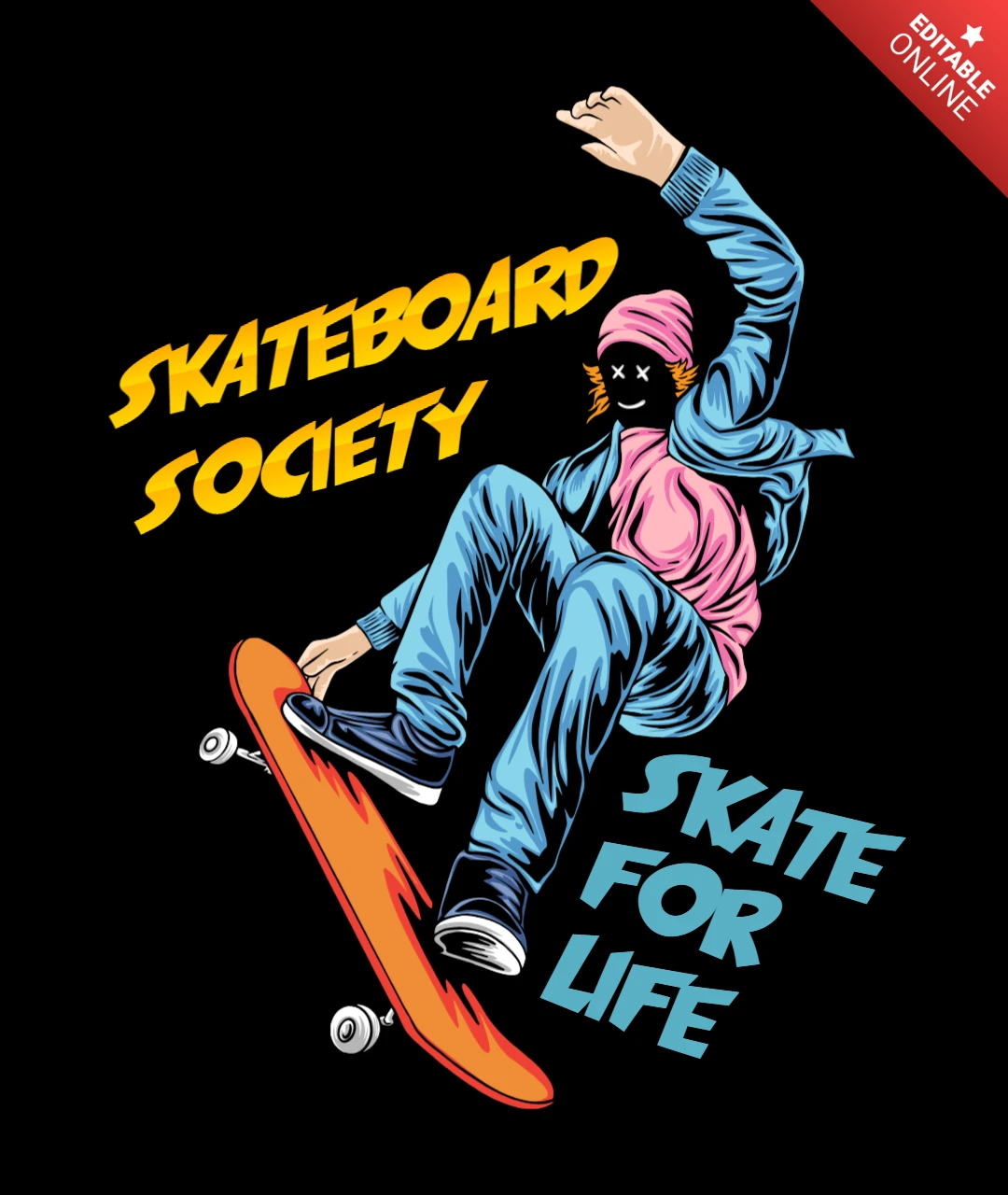 Koszulka z projektem skateboardingowym x-eyed trickster z hasłem rebel life - szablon projektu.