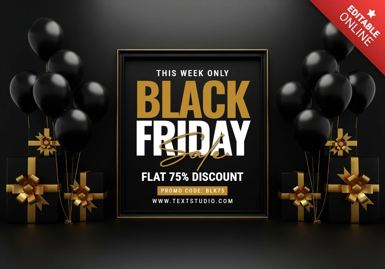 Pôster de venda de luxo promoção de Black Friday com desconto de 75% e oferta emoldurada em fundo escuro, modelo de design para promoção.