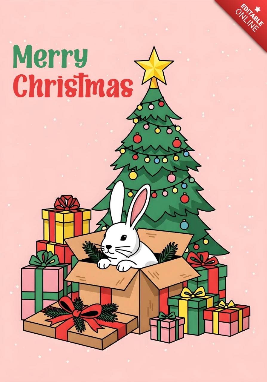 Design de cartão de Natal com coelho na caixa de presente com flocos de neve, presentes e modelo de árvore decorada.