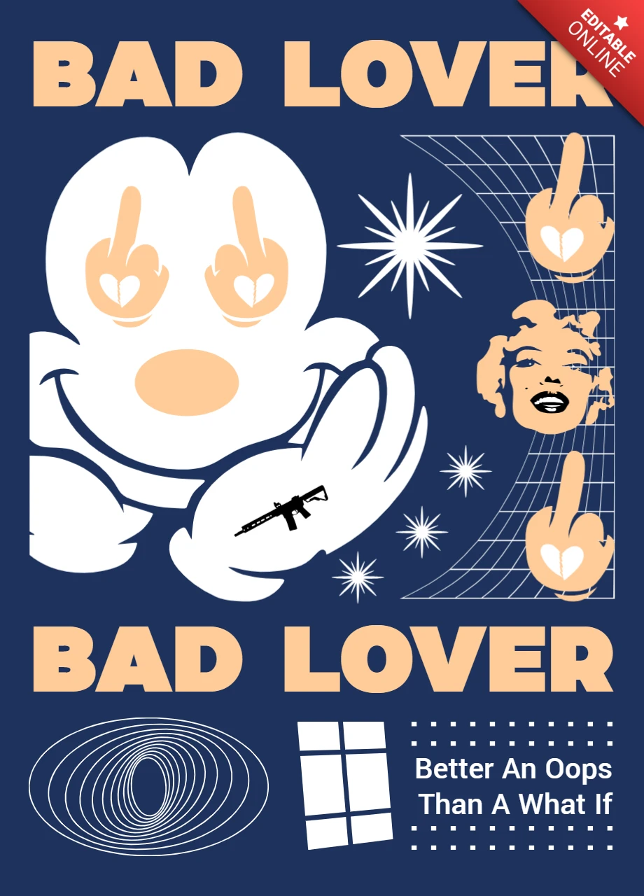 Template grafico audace per abbigliamento di Mickey dallo stile edgy, con illustrazioni e testi giocosi.