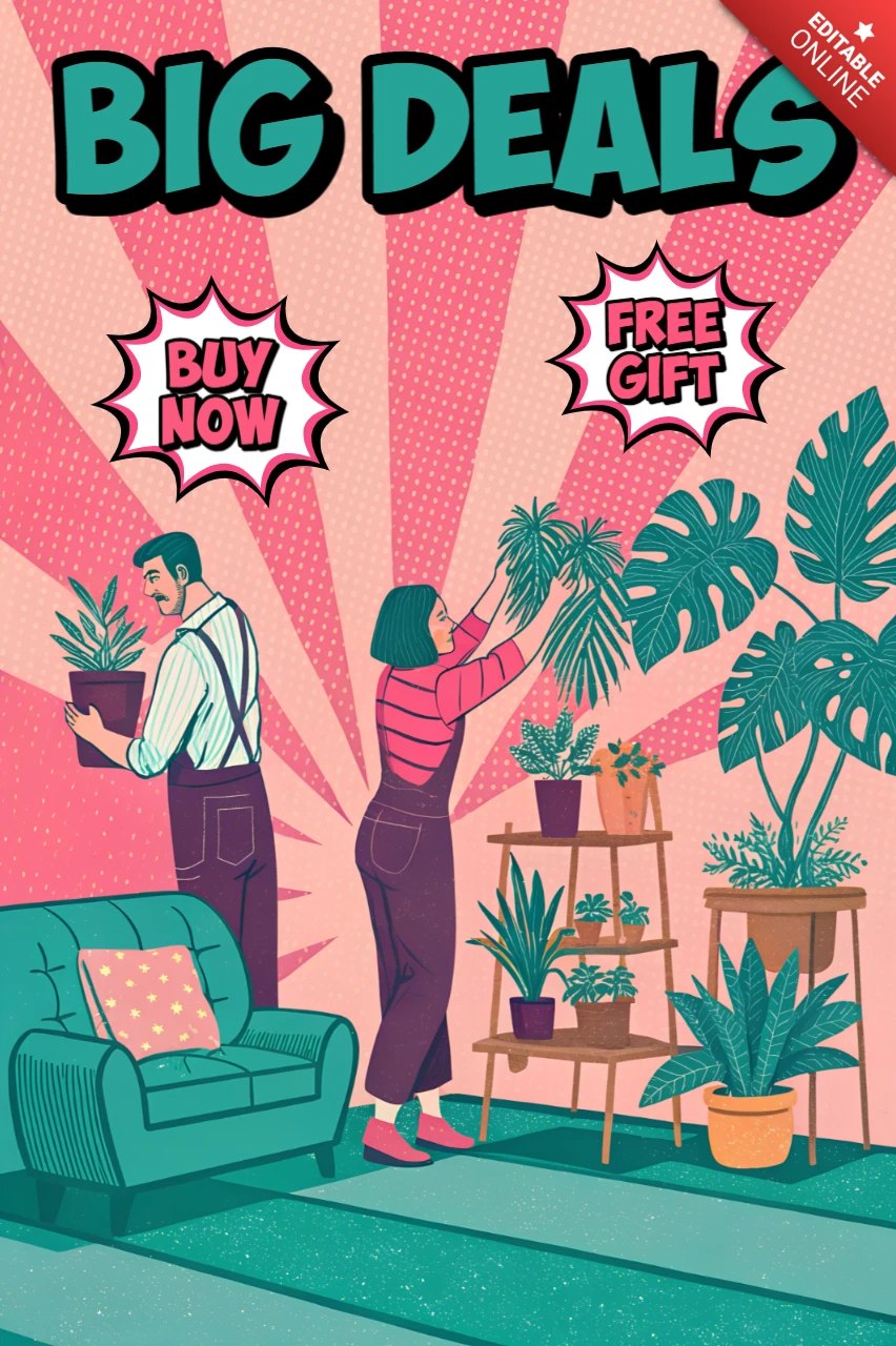 Modelo promocional de loja de plantas retrô para design de grandes ofertas