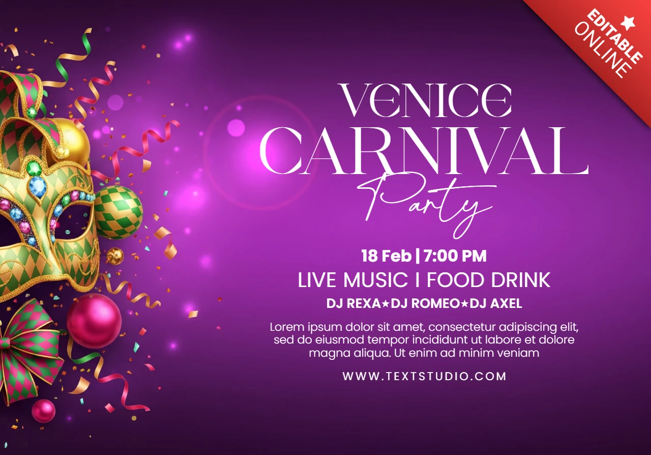 Poster elegante del carnevale di Venezia festa mascherata colorato con maschera piumata e coriandoli su sfondo viola