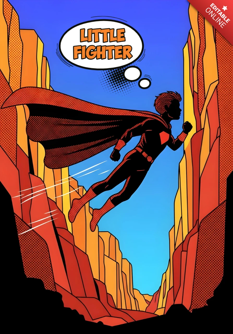 Little Fighter Comic-Style Superhero Flying Through Canyon Scene Poster Design Template