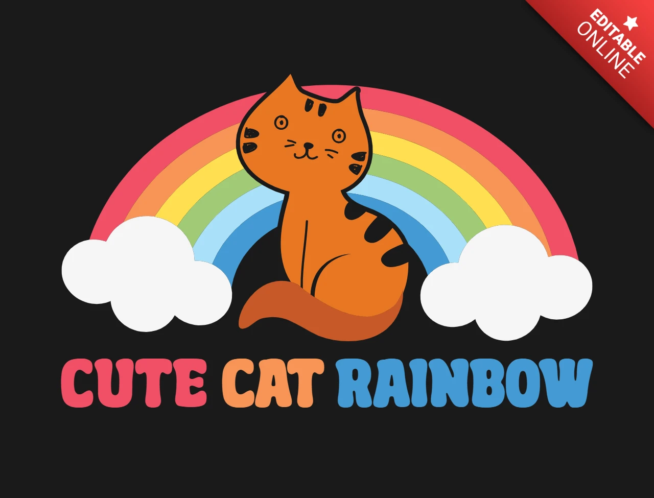 かわいい猫と虹のTシャツデザインテンプレート