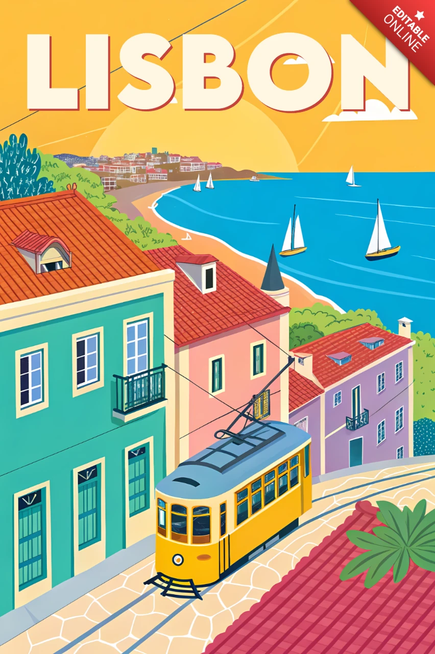 Design rétro coloré plat de Lisbonne pour souvenirs et marchandises, modèle imprimable.