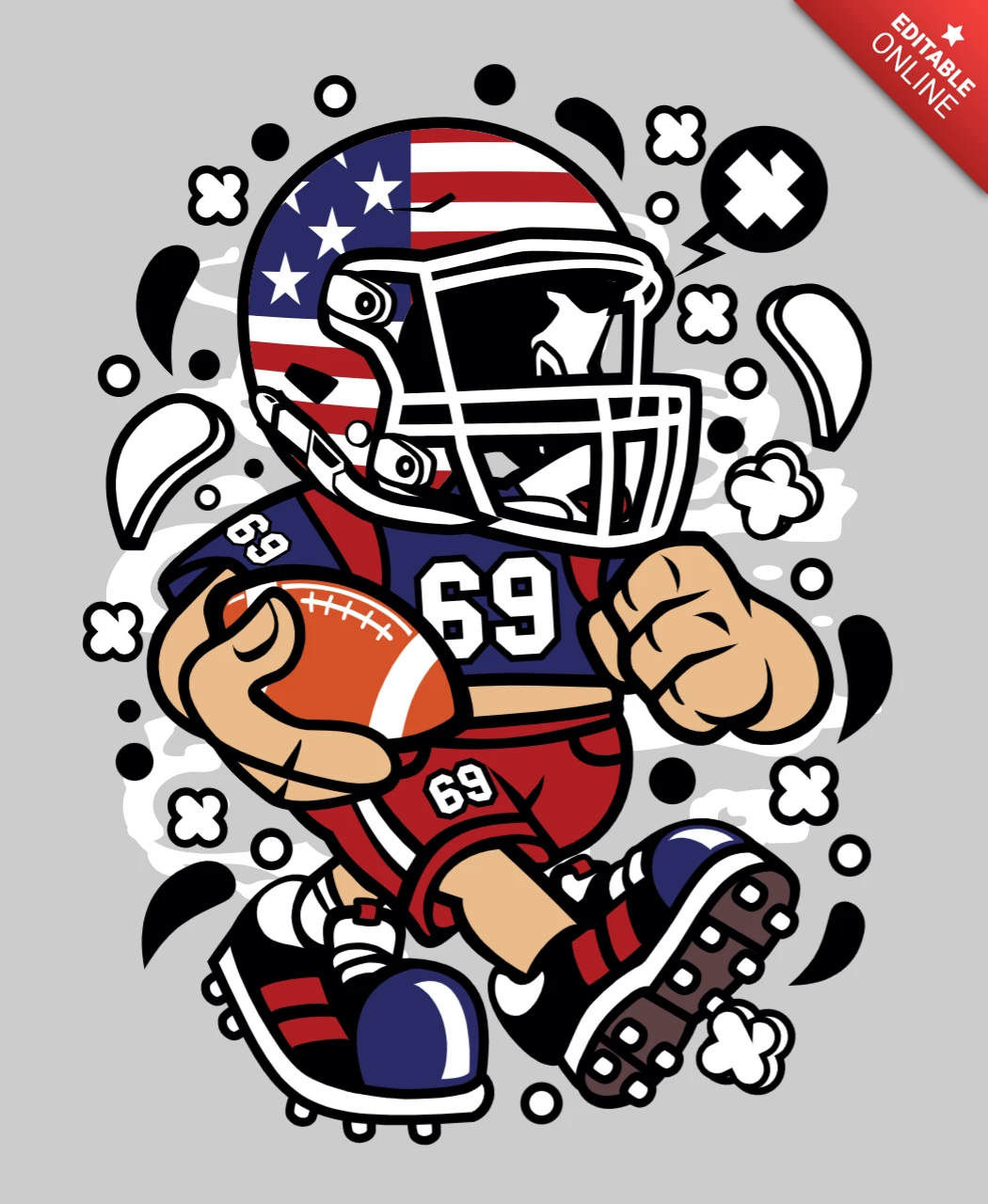 Modelo de design de camiseta de personagem de desenho animado de jogador de futebol americano