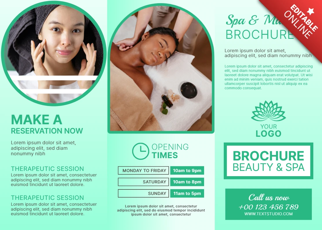 Template di design per brochure di spa e massaggi elegante con elementi di relax e benessere