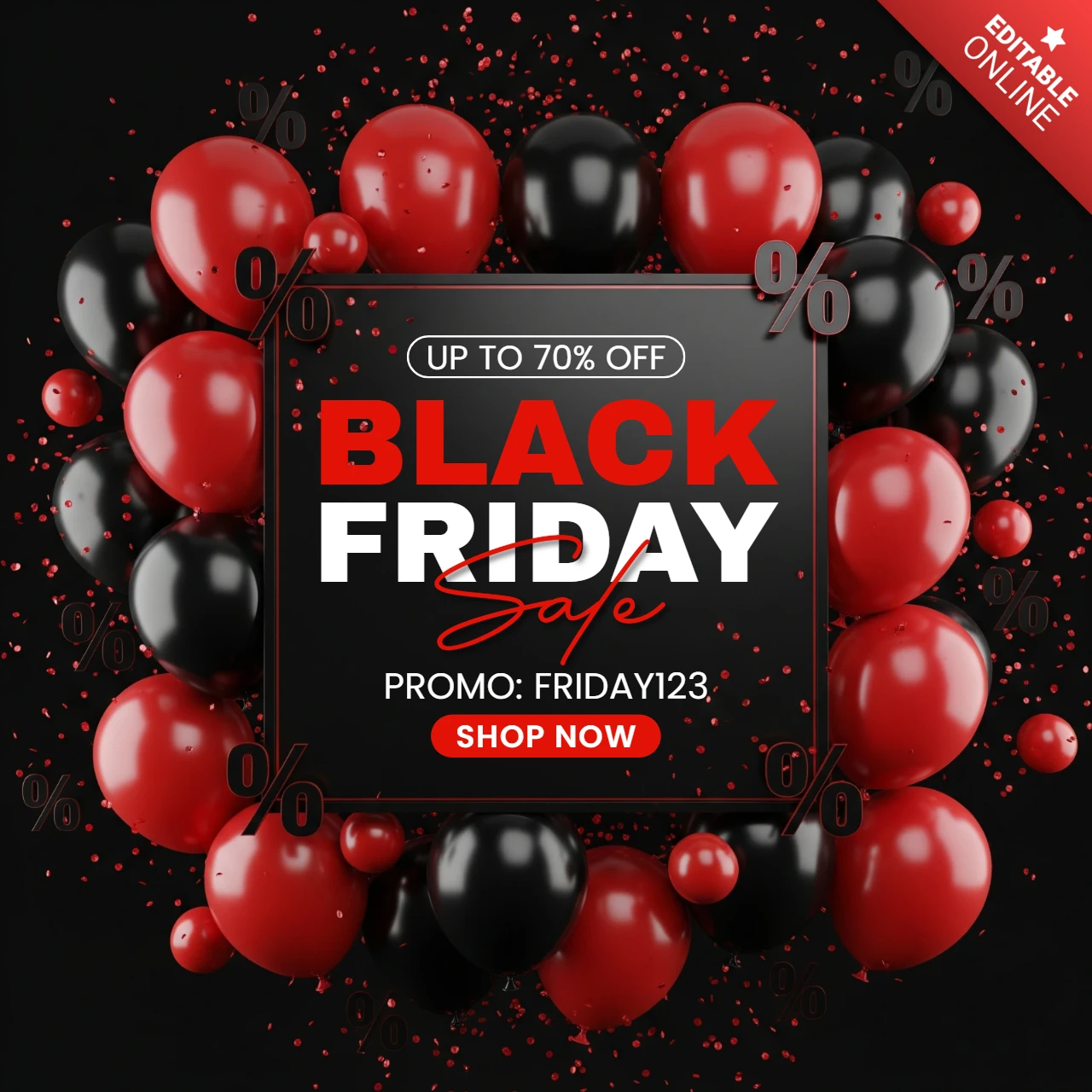 Pôster de marketing ousado para a Black Friday, layout de celebração com confete e símbolos de desconto, template de design para promoções.
