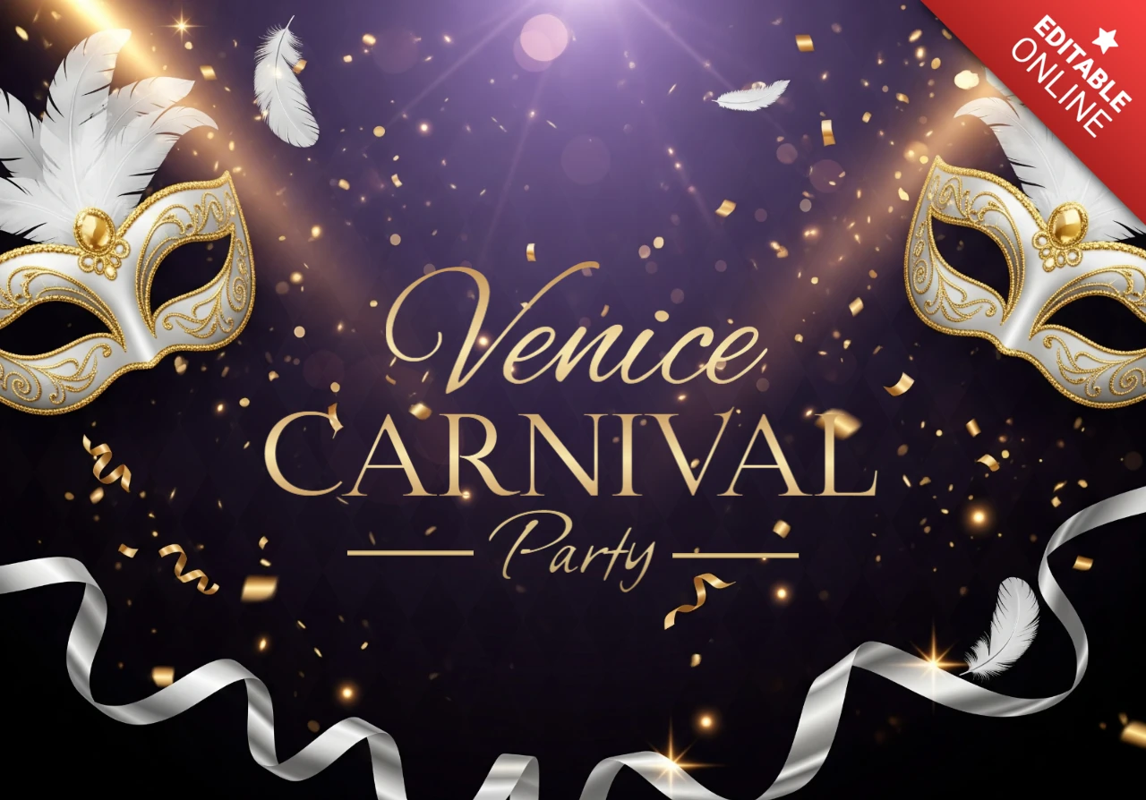 Manifesto del carnevale di Venezia con maschere ornate dorate da ballo con piume bianche, coriandoli e festoni su uno sfondo elegante viola.