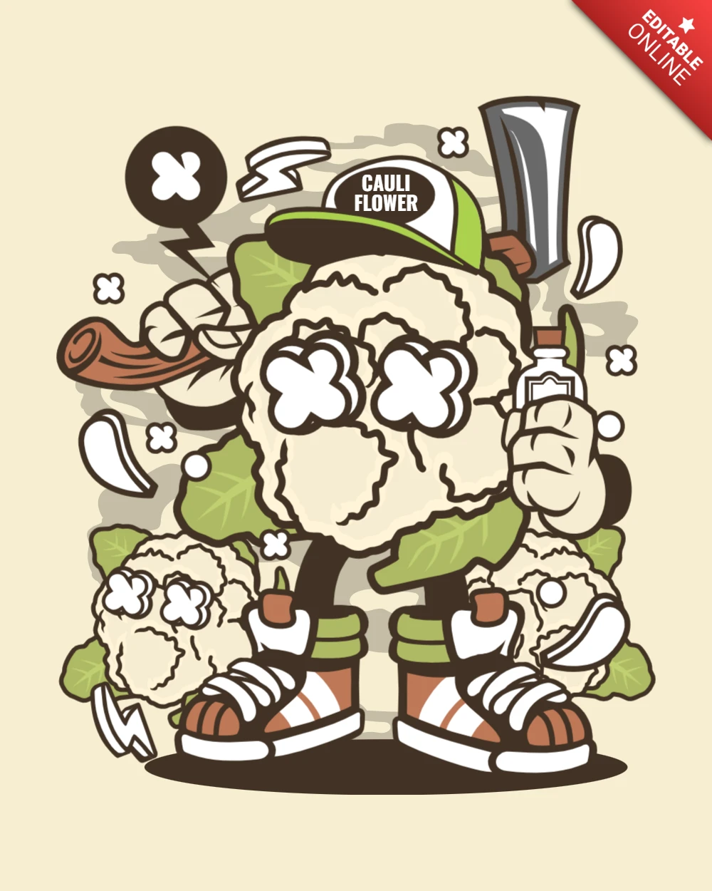 T-Shirt-Designvorlage für Blumenkohl-Cartoon-Charaktere