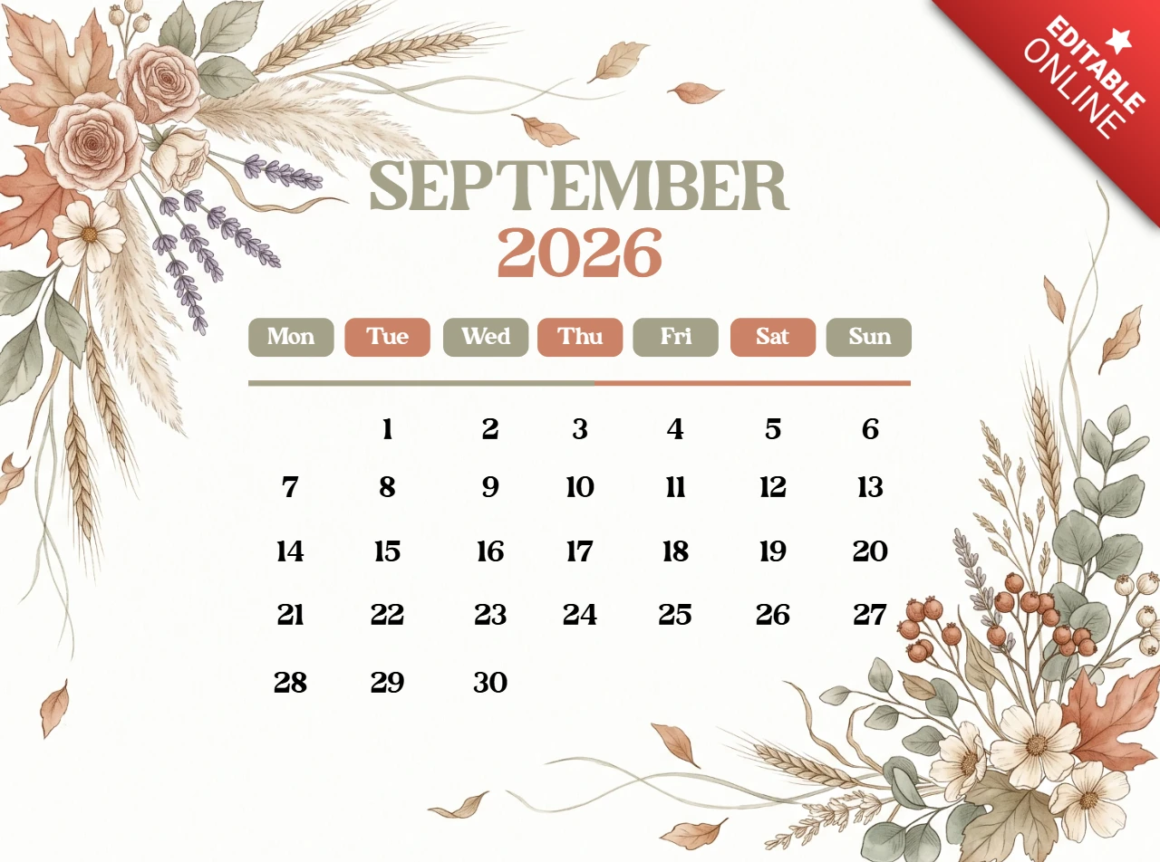 September 2026 calendar page decorated with beautiful soft watercolor flowers and leaves in a delicate botanical style for home or office wall planner