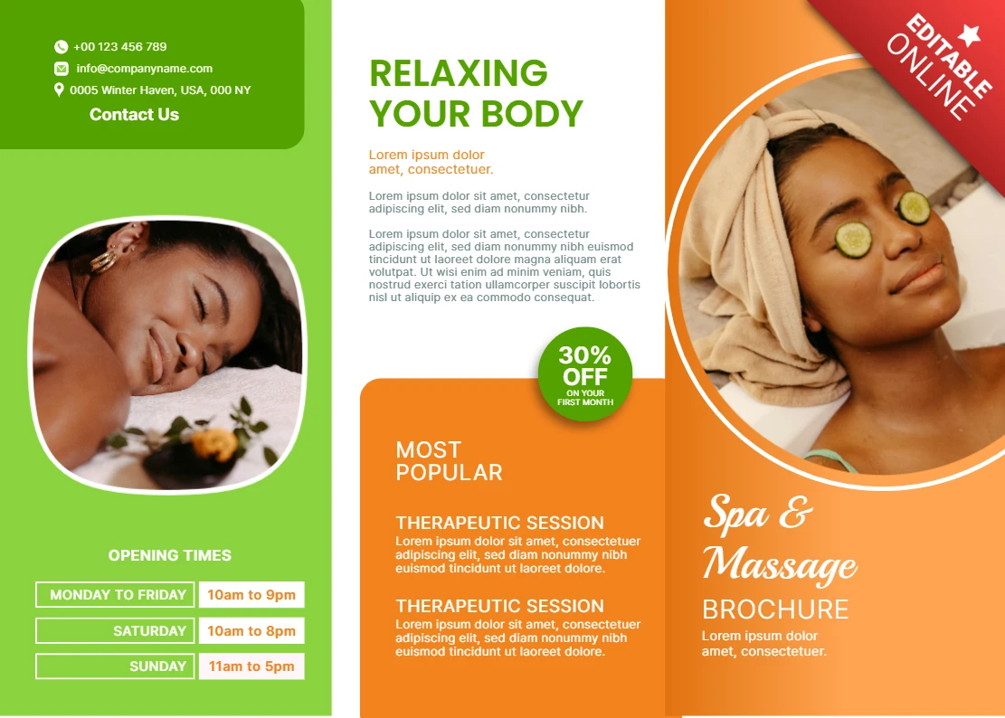 Modelo de brochura de spa e massagem com design relaxante para promoção de bem-estar