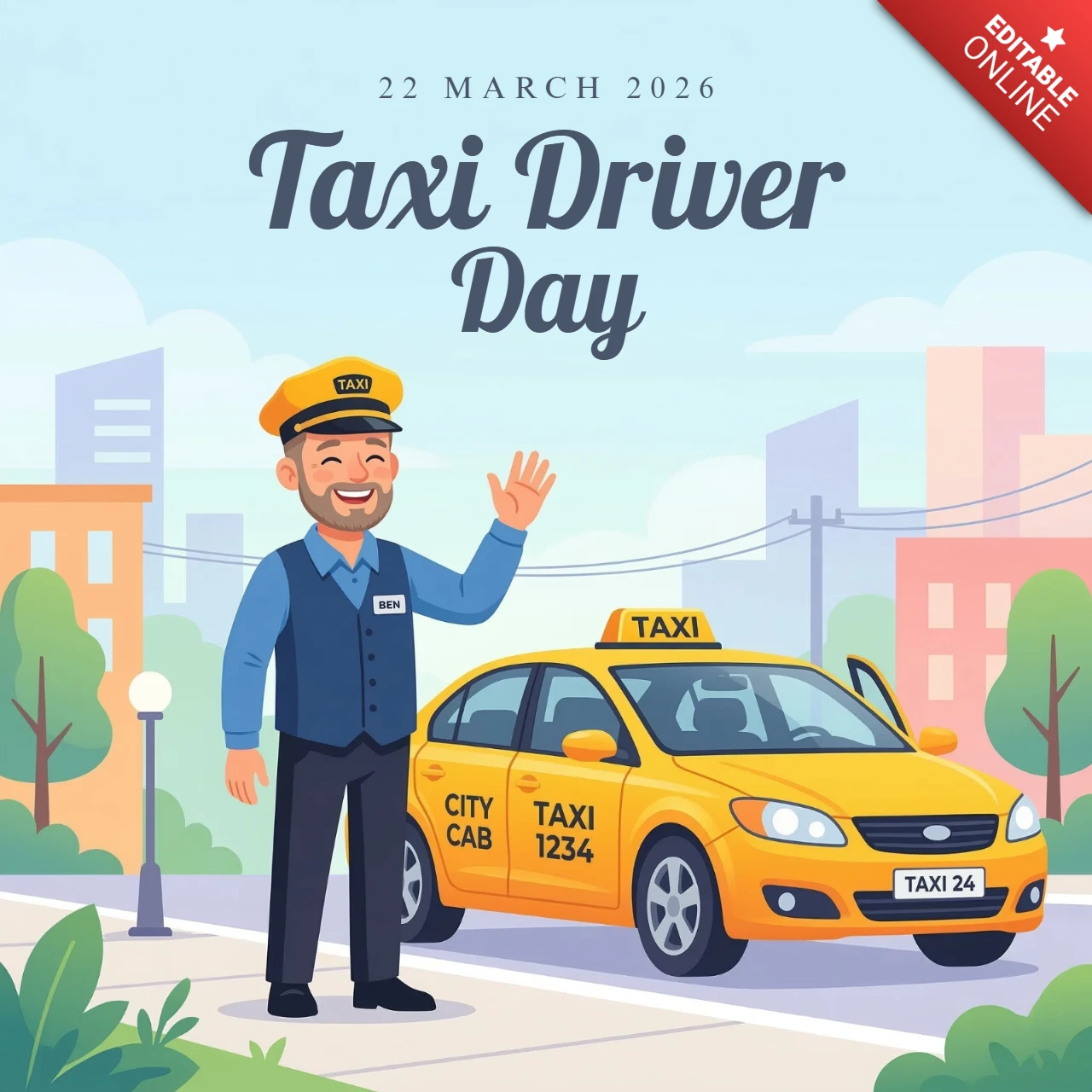 Affiche de la journée du chauffeur de taxi éco-responsable 2026 avec le chauffeur Ben, un taxi jaune classique et une illustration de fond de ville.