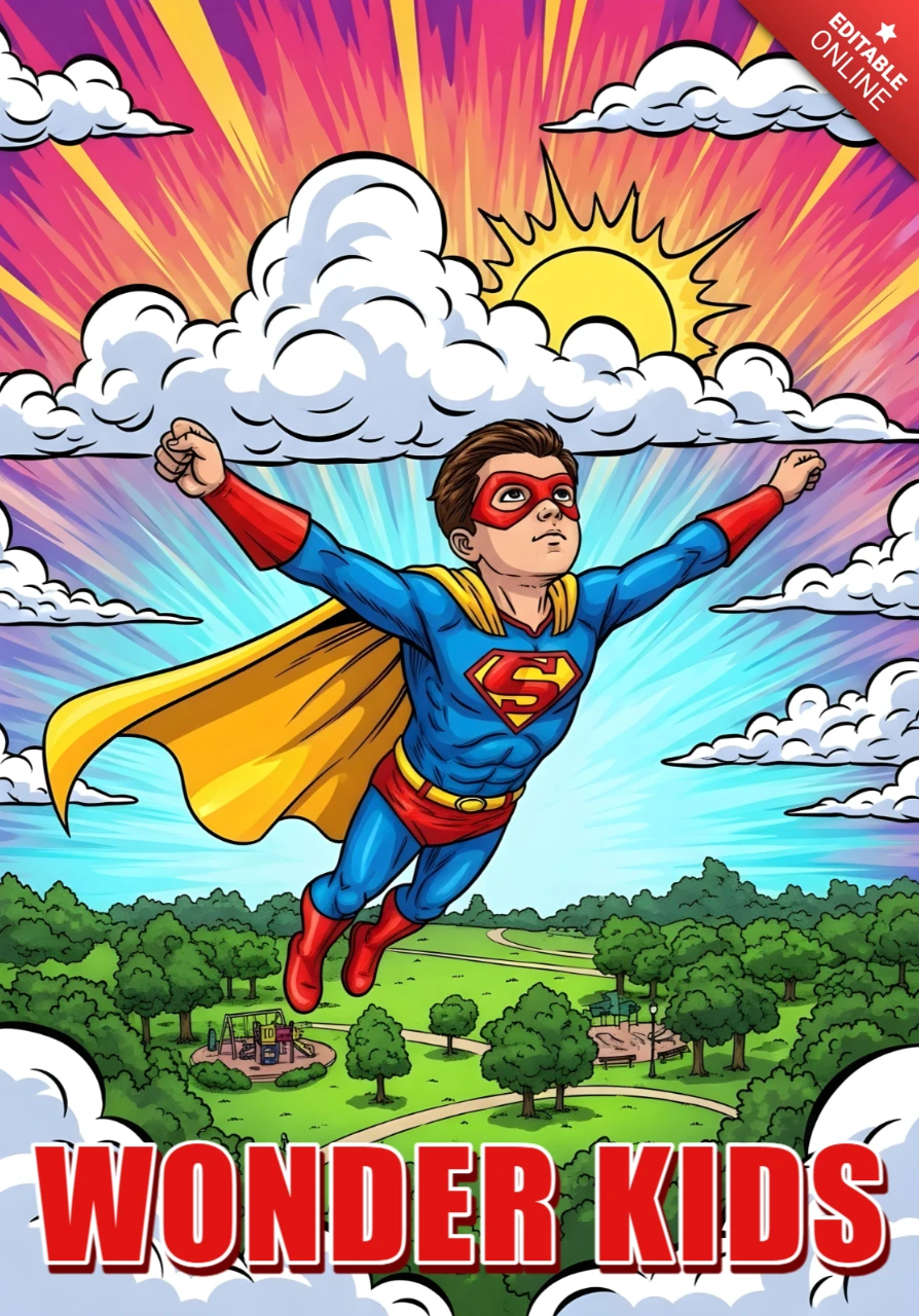 Niños maravilla volando superhéroe de dibujos animados sobre plantilla de diseño de cartel de paisaje colorido