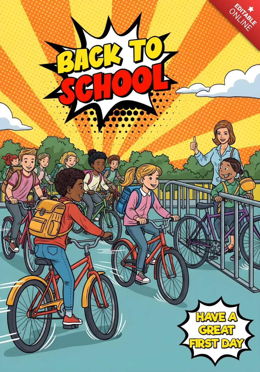 Volta às aulas, estudantes andando de bicicleta em direção à entrada da escola com design de pôster de fundo de explosão de quadrinhos.