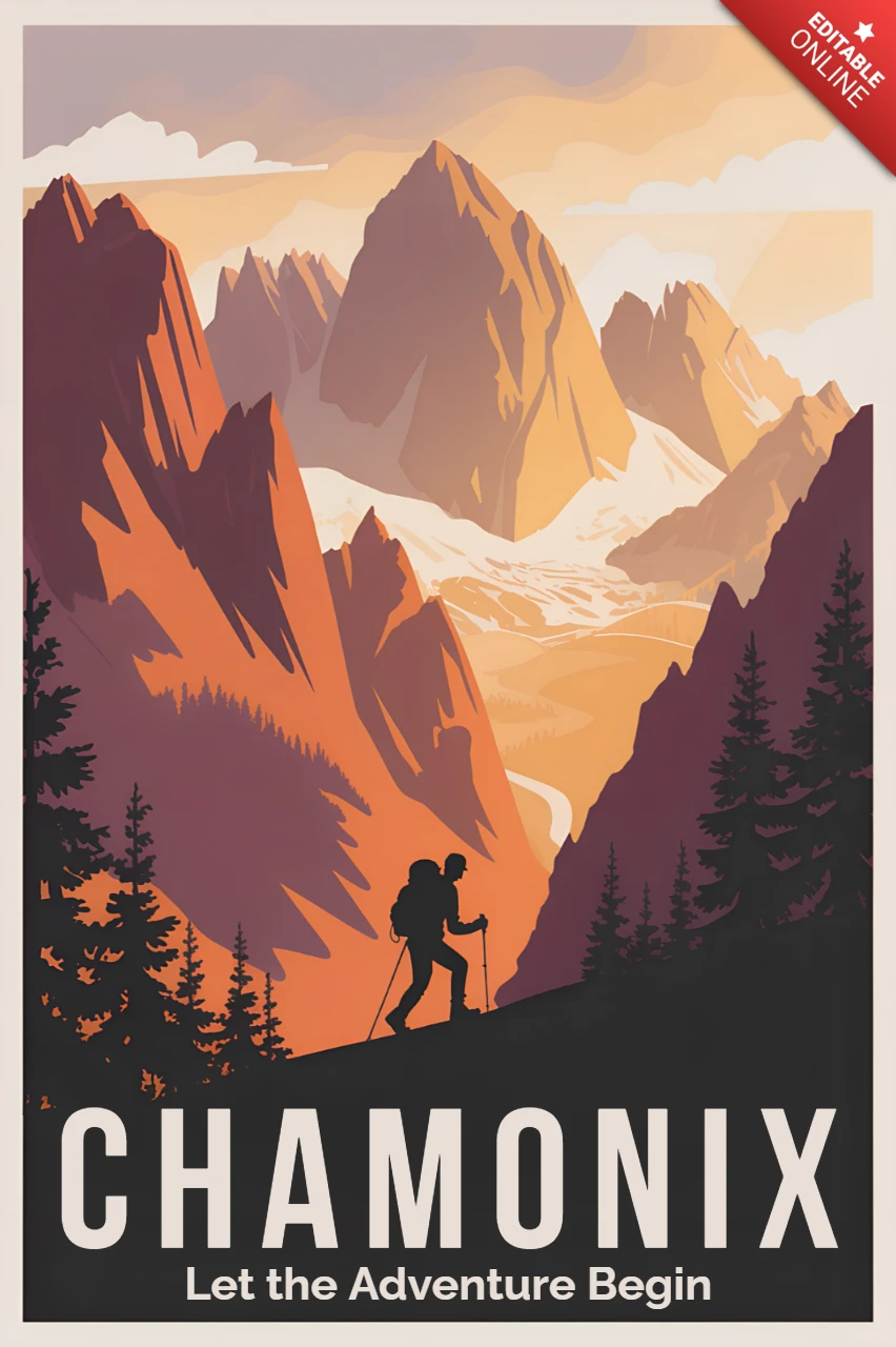 Adventure Poster Design Template with Mountain Landscape and Hiker