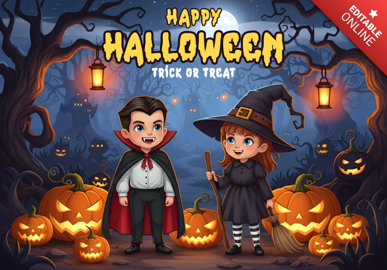 Spooky Halloween Cartoon Children in Costumes with Lanterns, Trees & Glowing Pumpkins Design Template for Festive Flyers