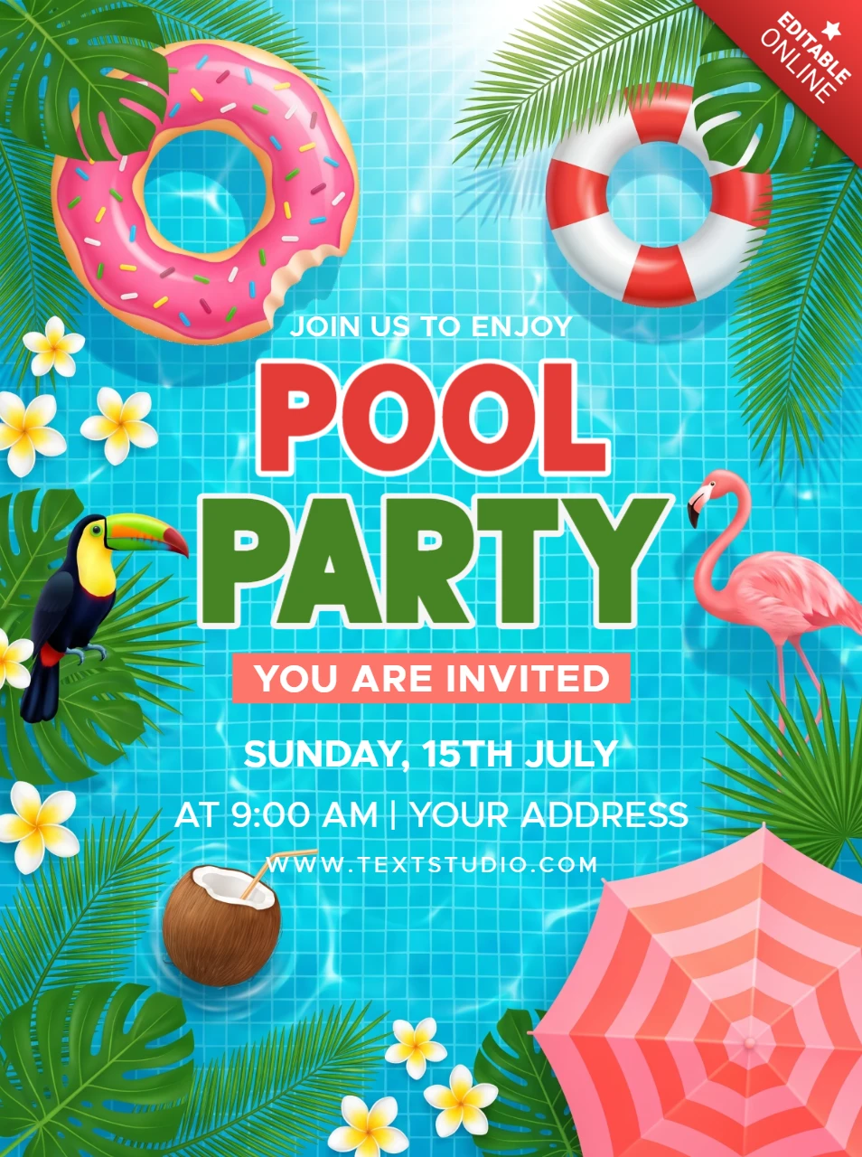 Colorful summer pool party invitation flyer with tropical leaves flowers flamingo and inflatable rings