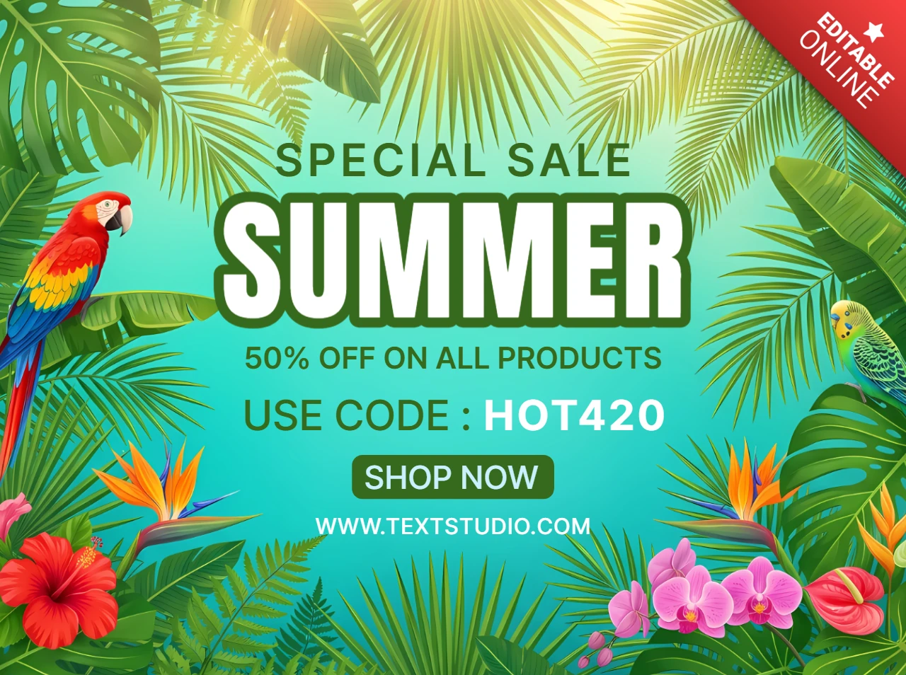 Banner de marketing para promoção de verão com papagaio tropical e decorações florais exóticas