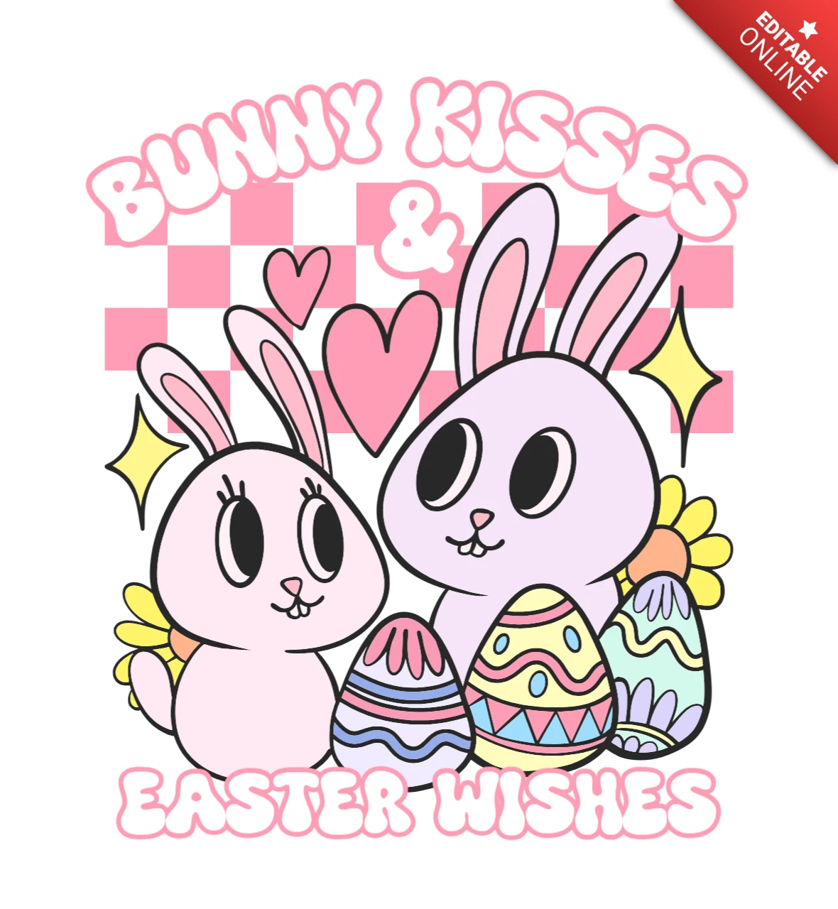 Besar de conejito y deseos de Pascua, lindo diseño de camiseta de conejitos de dibujos animados con huevos y corazones.