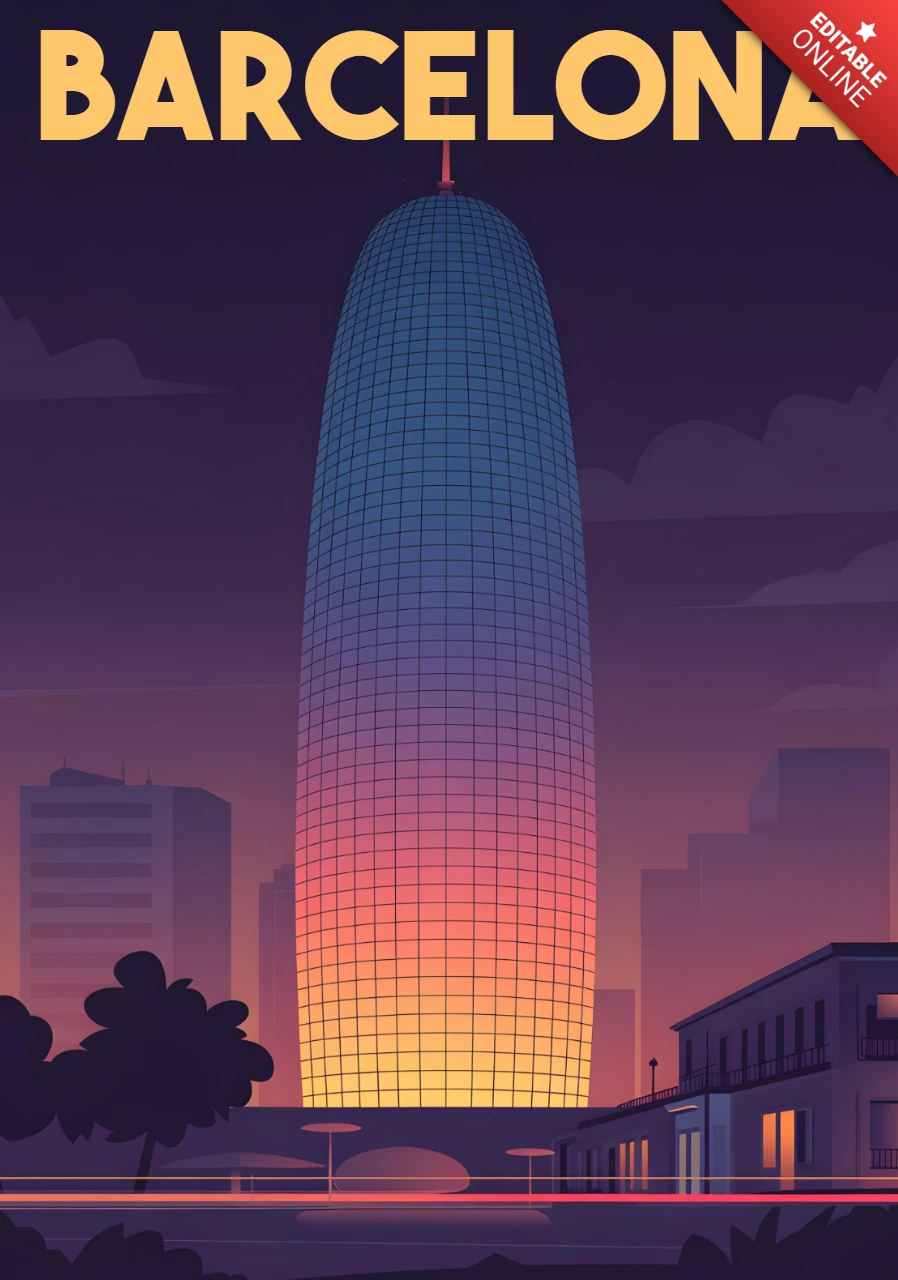 Torre Glòries at Night with Illuminated Gradient and City Silhouettes Barcelona Travel Posters Design Template