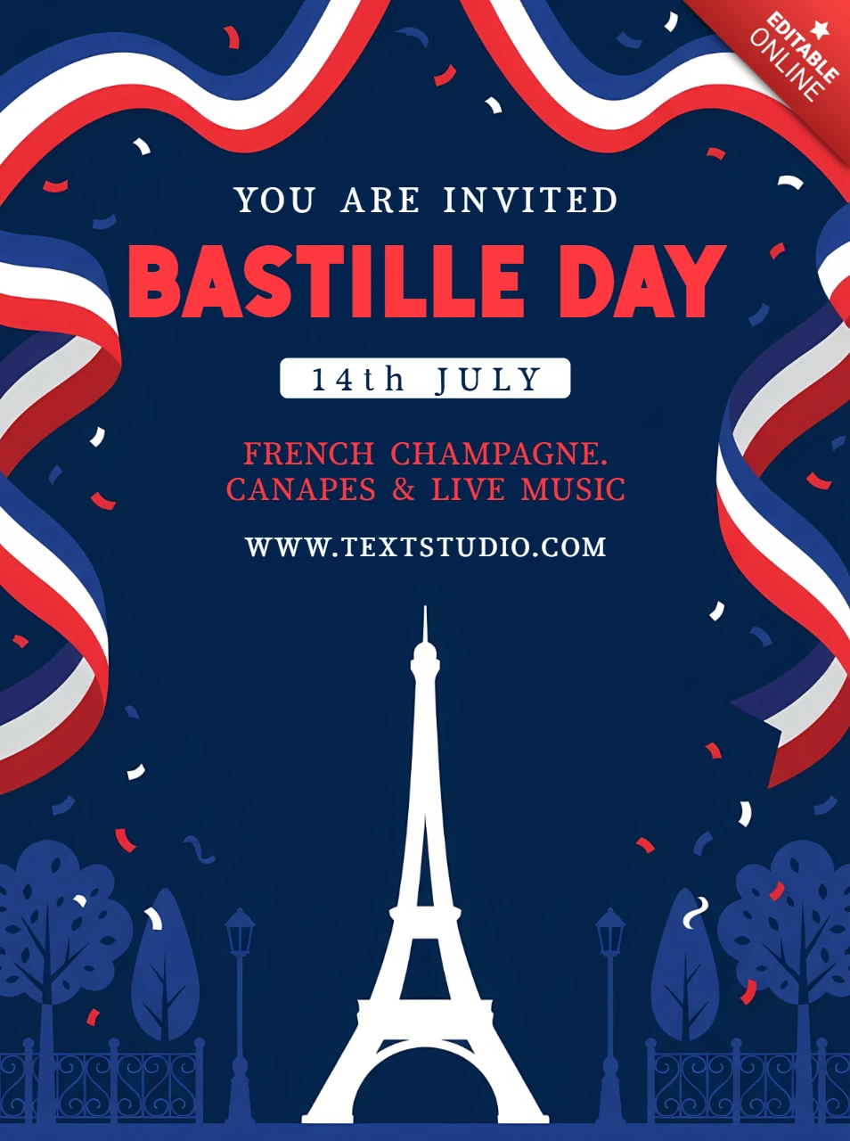Bastille Day Invitation Card Template with Eiffel Tower, French Tricolor Ribbon and Patriotic Celebration Design