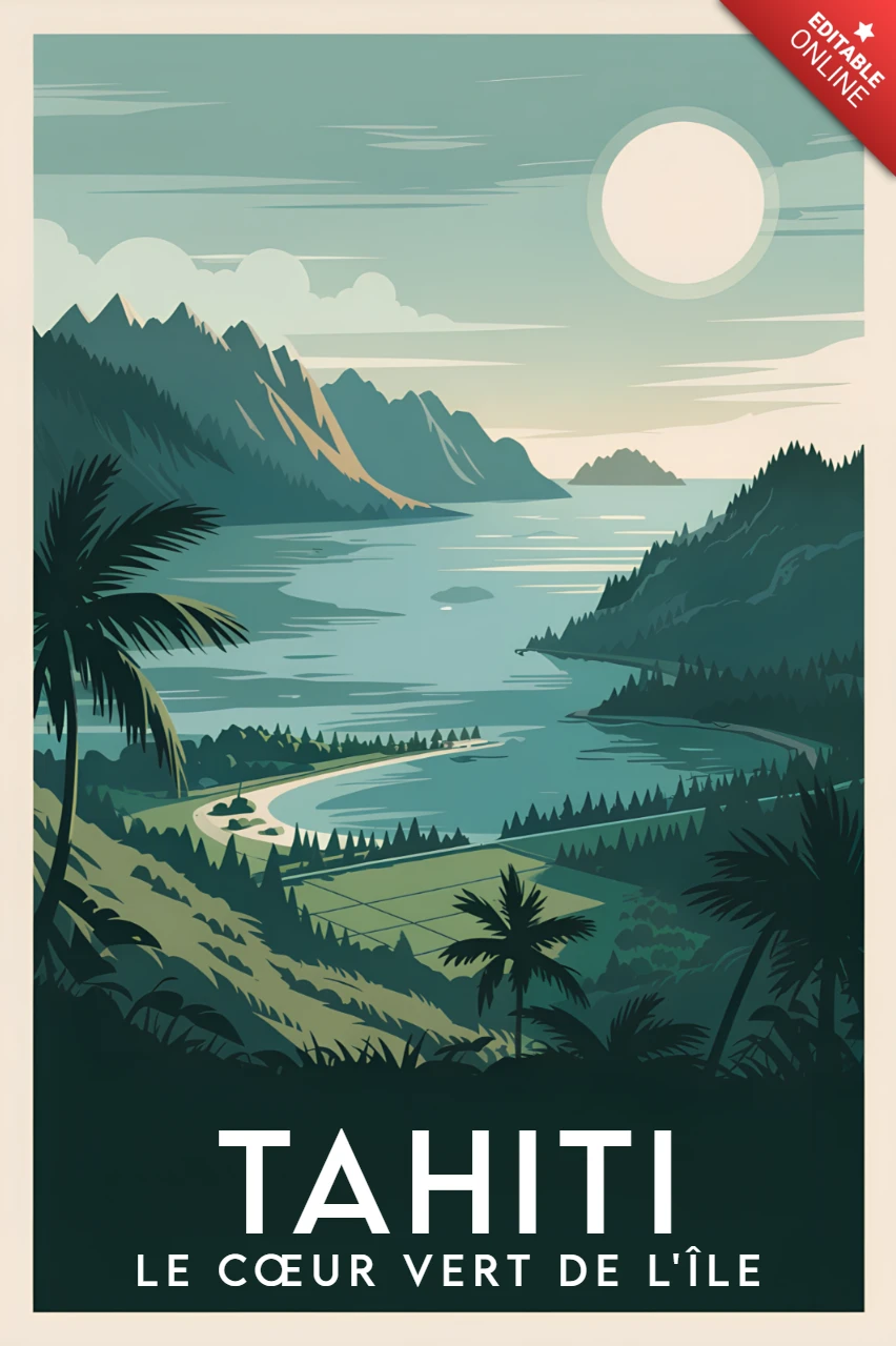 Vintage-Landschaftsdesign-Vorlage für Reiseposter mit Tahiti-Landschaft.