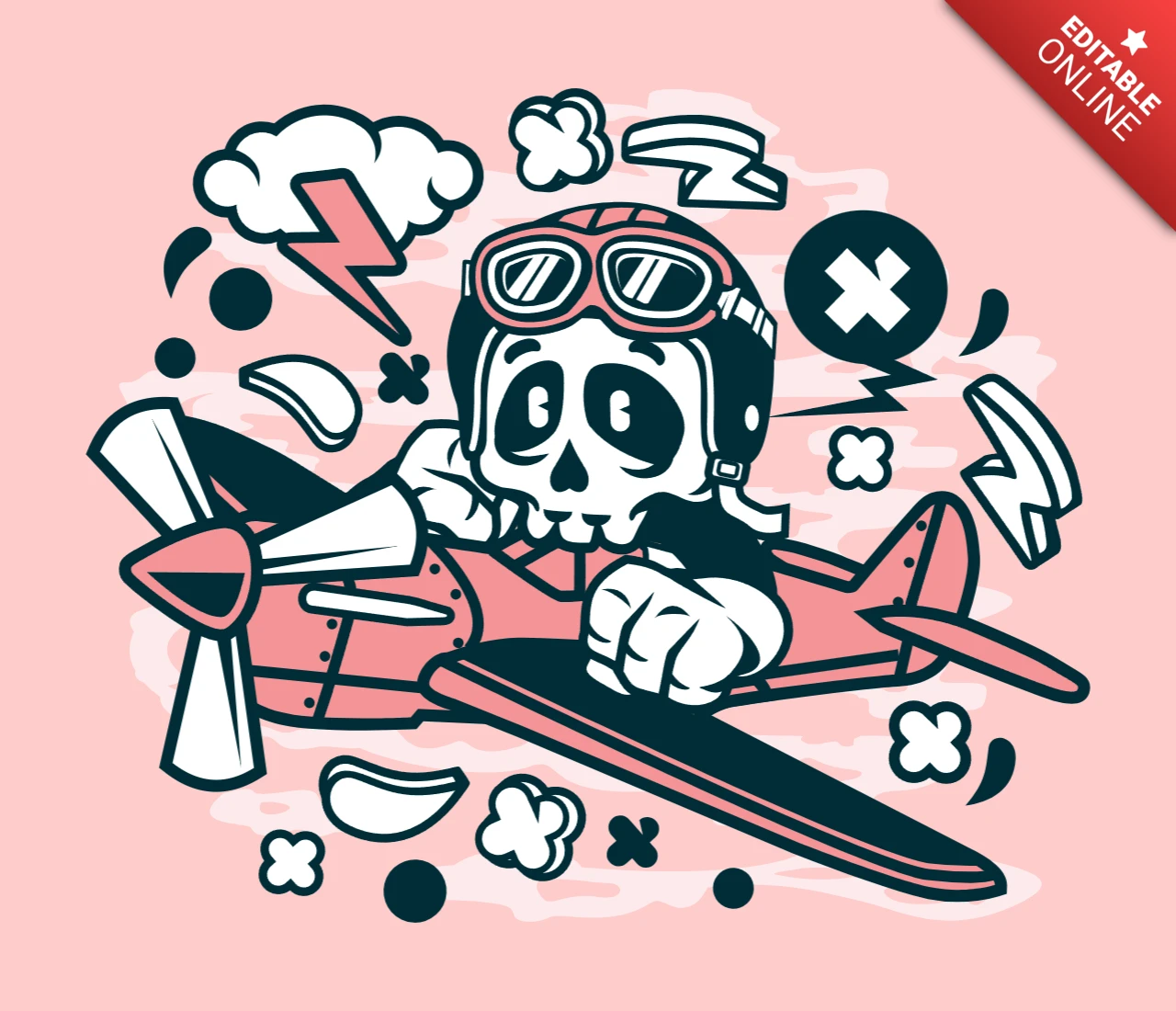 Skull Pilot Cartoon Character T-shirt Design Template