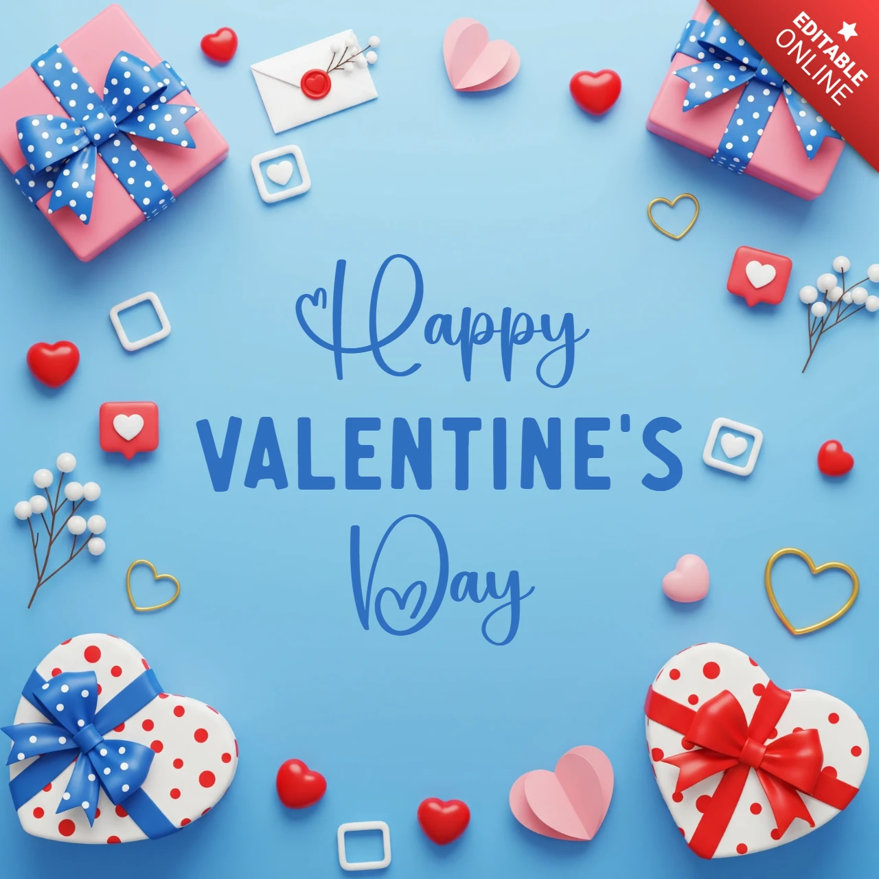 Affiche de la Saint-Valentin fond bleu avec des cadeaux en forme de cœur, des fleurs et un message romantique