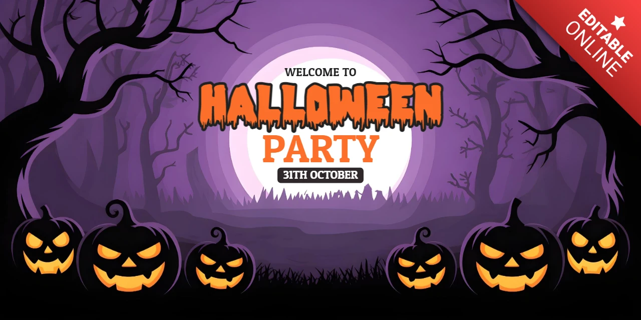 Convite de Halloween assustador com texto escorrendo, abóboras iluminadas e template de capa do Facebook com névoa roxa.