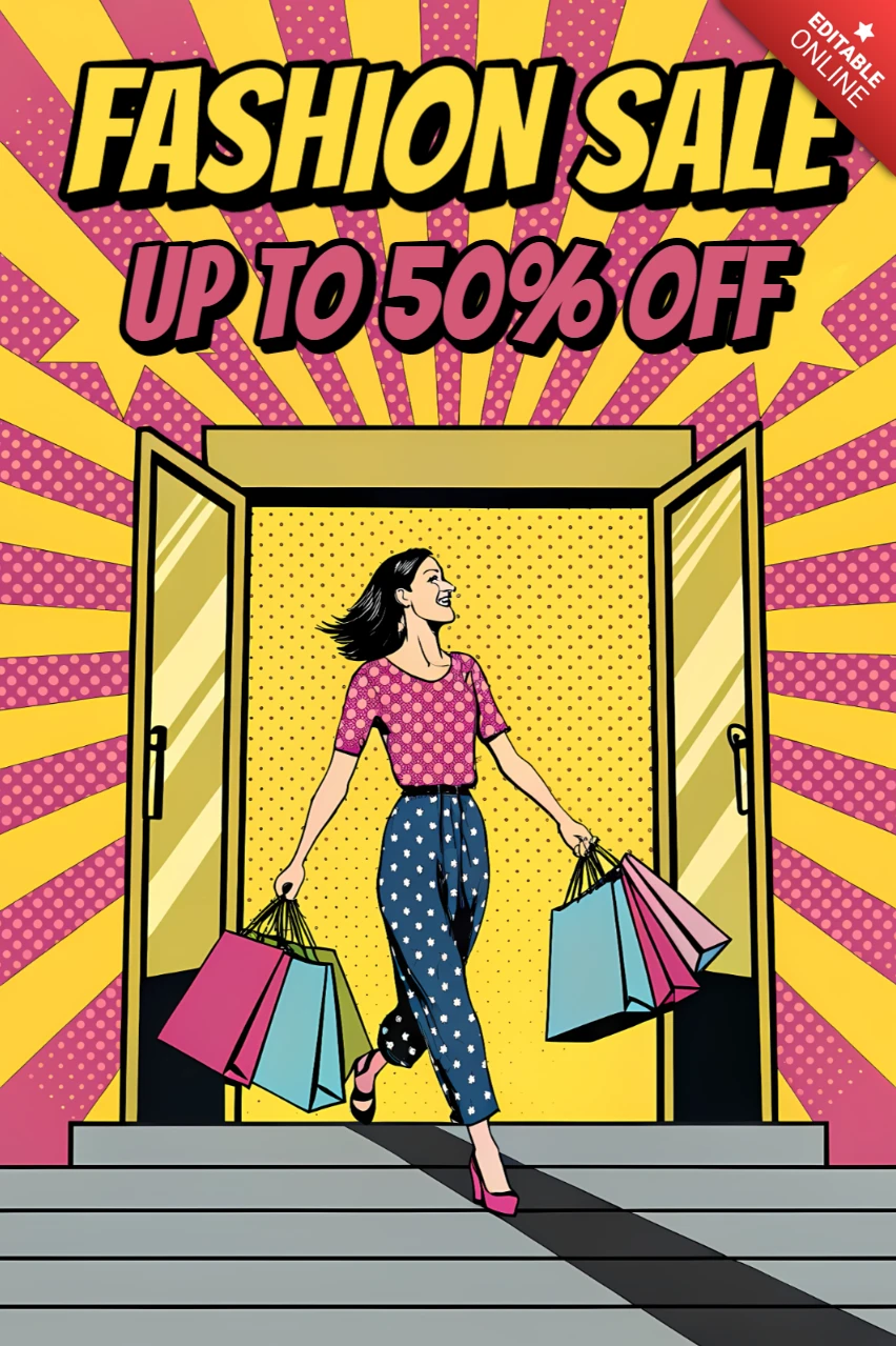 Pop Art Fashion Sale Flyer Template with Shopping Bags Design