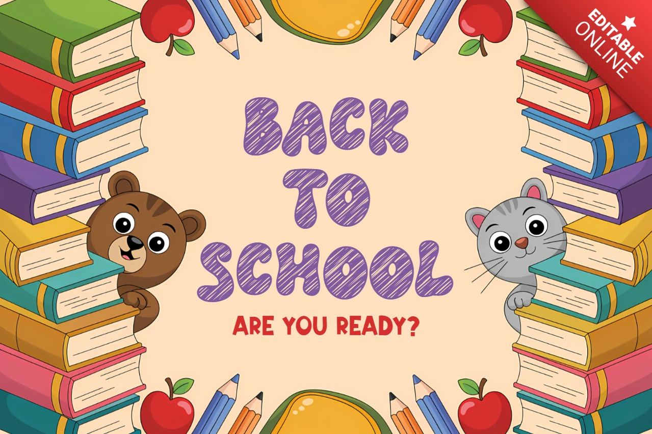Back to School Design Template with Cute Animals and Colorful Books for Kids' Posters