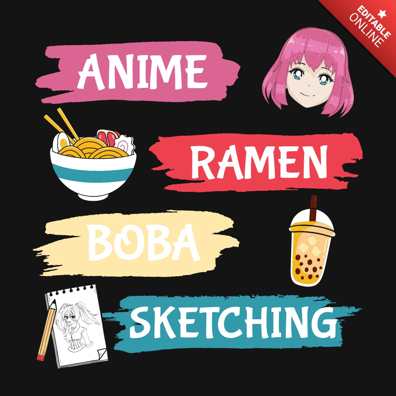 Modelo de design de camiseta com ramen boba e esboço de anime
