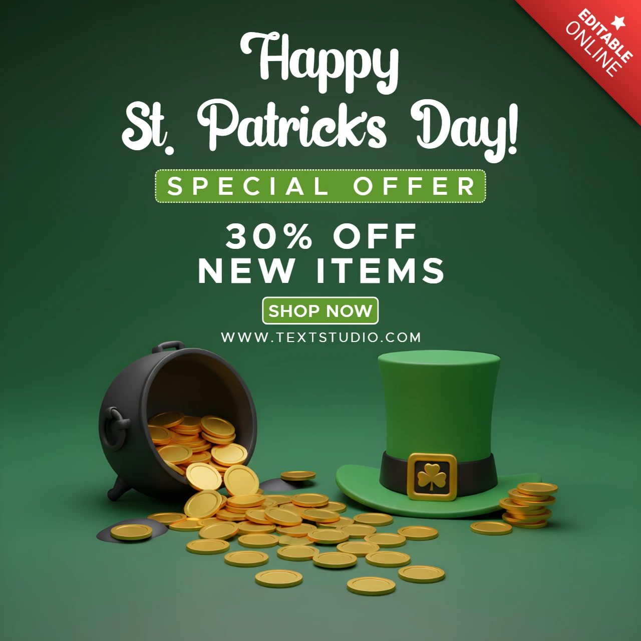 St. Patrick's Day Verkaufsflyer-Designvorlage mit Kleeblättern, Leprechaun-Hut und festlicher Rabattnachricht