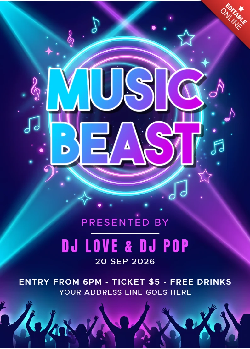 Neon Music Festival Party Flyer Template with Glowing Stage Lights, DJ Event and Concert Crowd Illustration