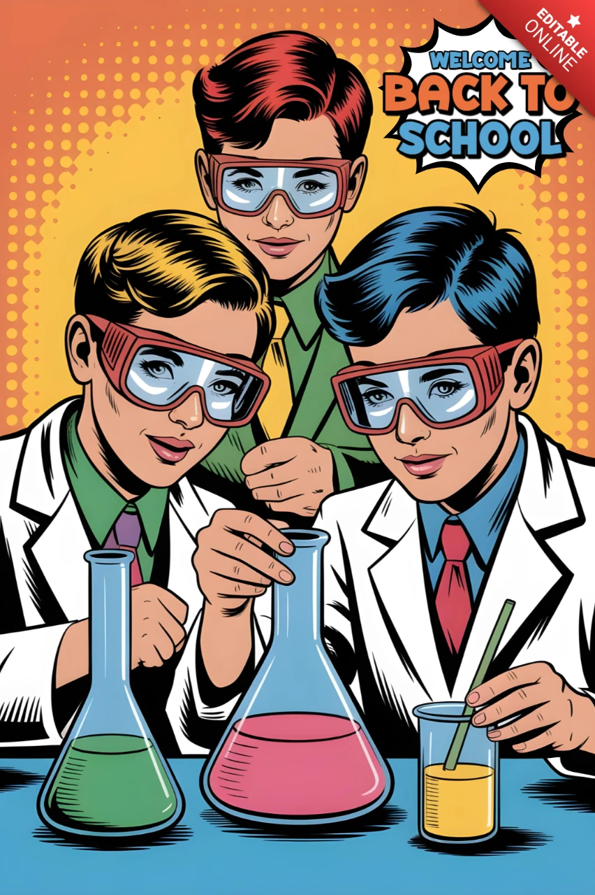 Back to School Science Students in Lab Coats Conducting Experiments with Colorful Glassware Poster Design Template