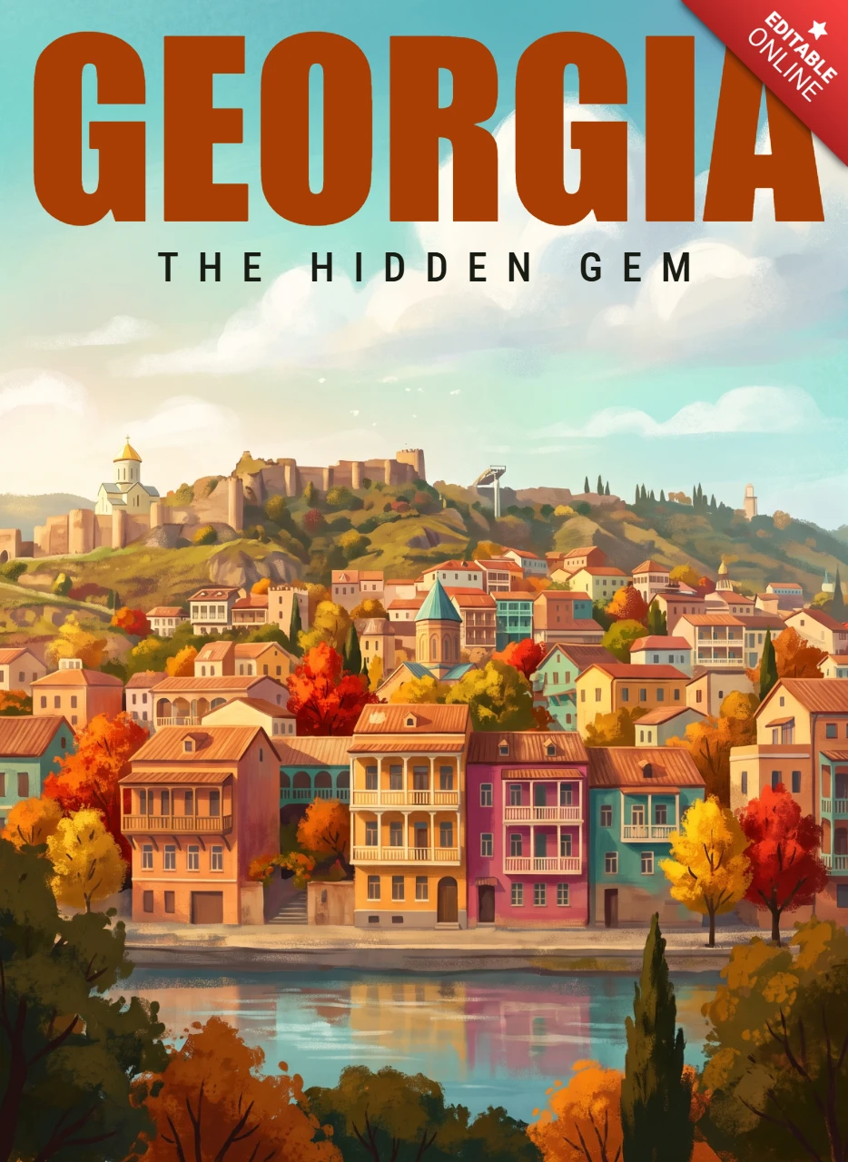Georgia Retro Vintage Travel Poster The Hidden Gem Scenic Tbilisi City Hillside Colorful Houses River Autumn Landscape Wall Art Print