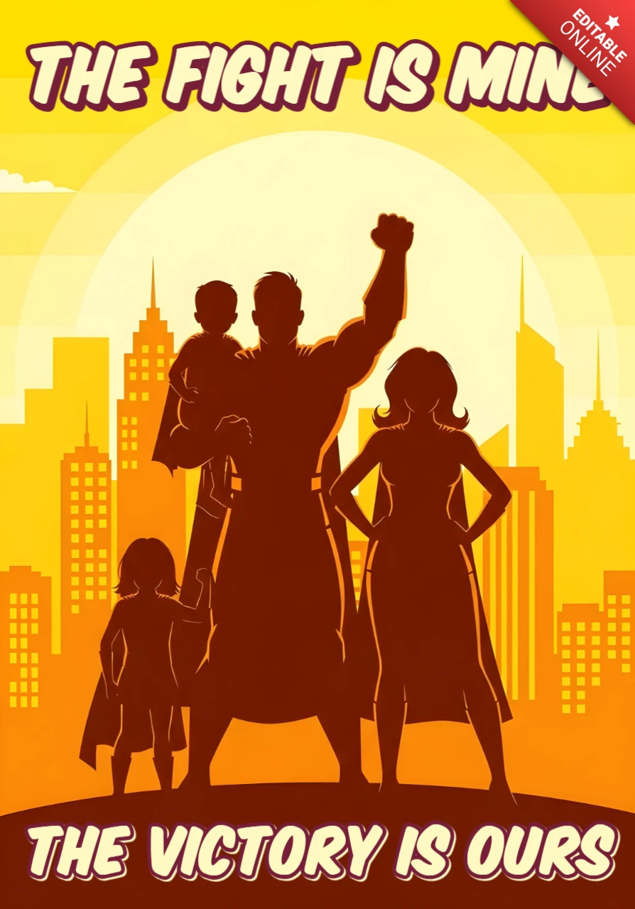 Héros de la famille silhouette de super-héros famille avec coucher de soleil sur la ville et modèle de design d'affiche avec citation inspirante