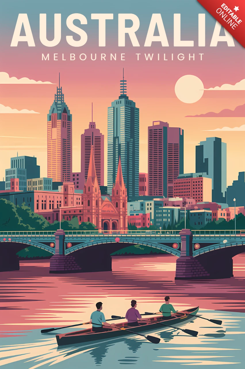 Melbourne alacakaranlık tasarım şablonu retro düz seyahat posterleri için