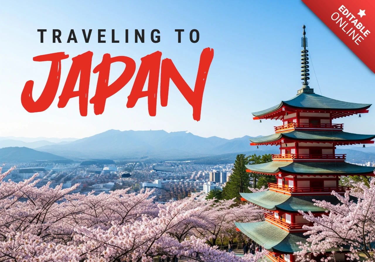 Pôster de viagem do Japão com pagode tradicional, flores de cerejeira e paisagem urbana de montanha sob um céu azul claro.