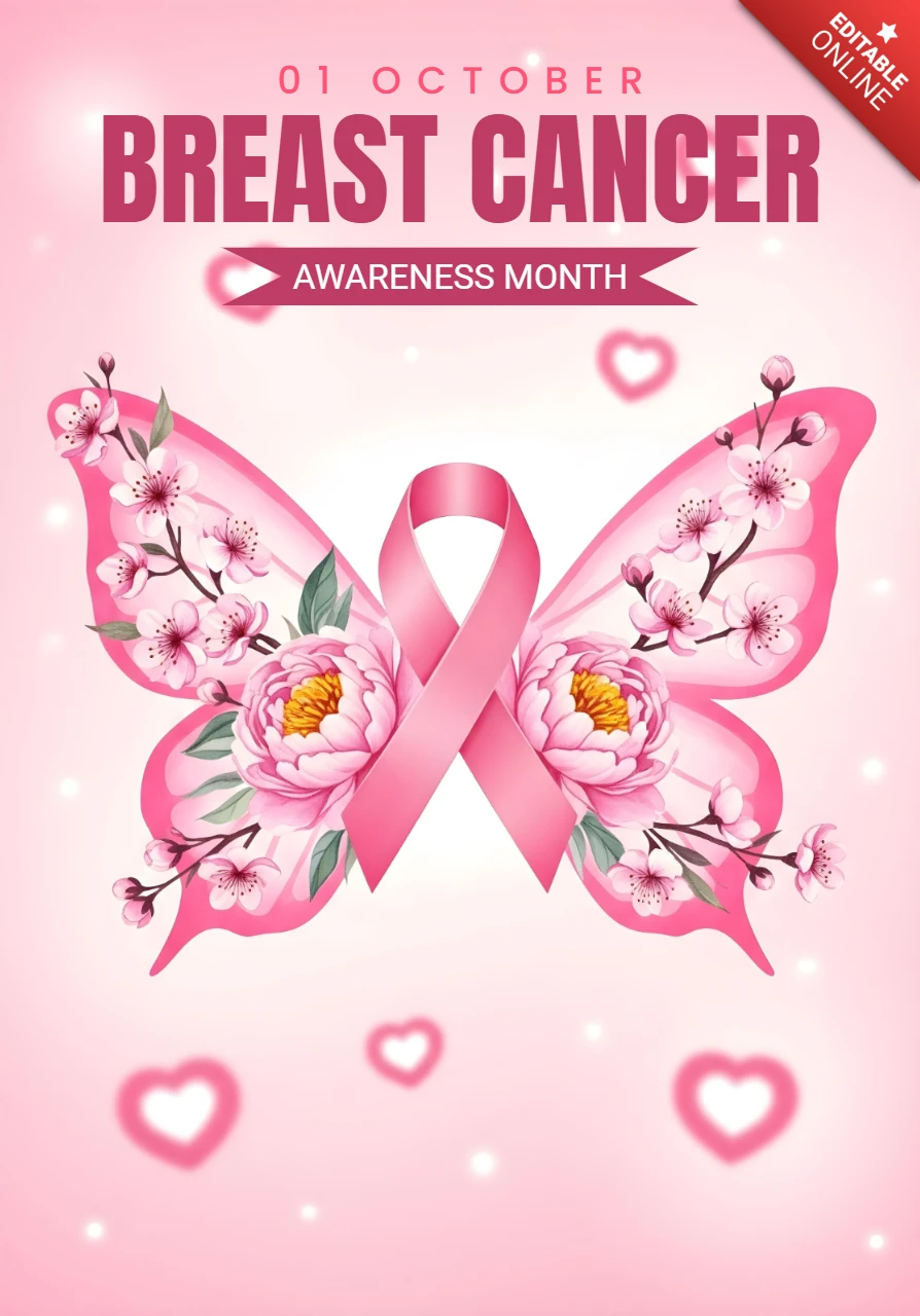 Oktober Brustkrebsbewusstseinsmonat mit Kirschblüten- und Herzmotiv-Posterdesign-Vorlage