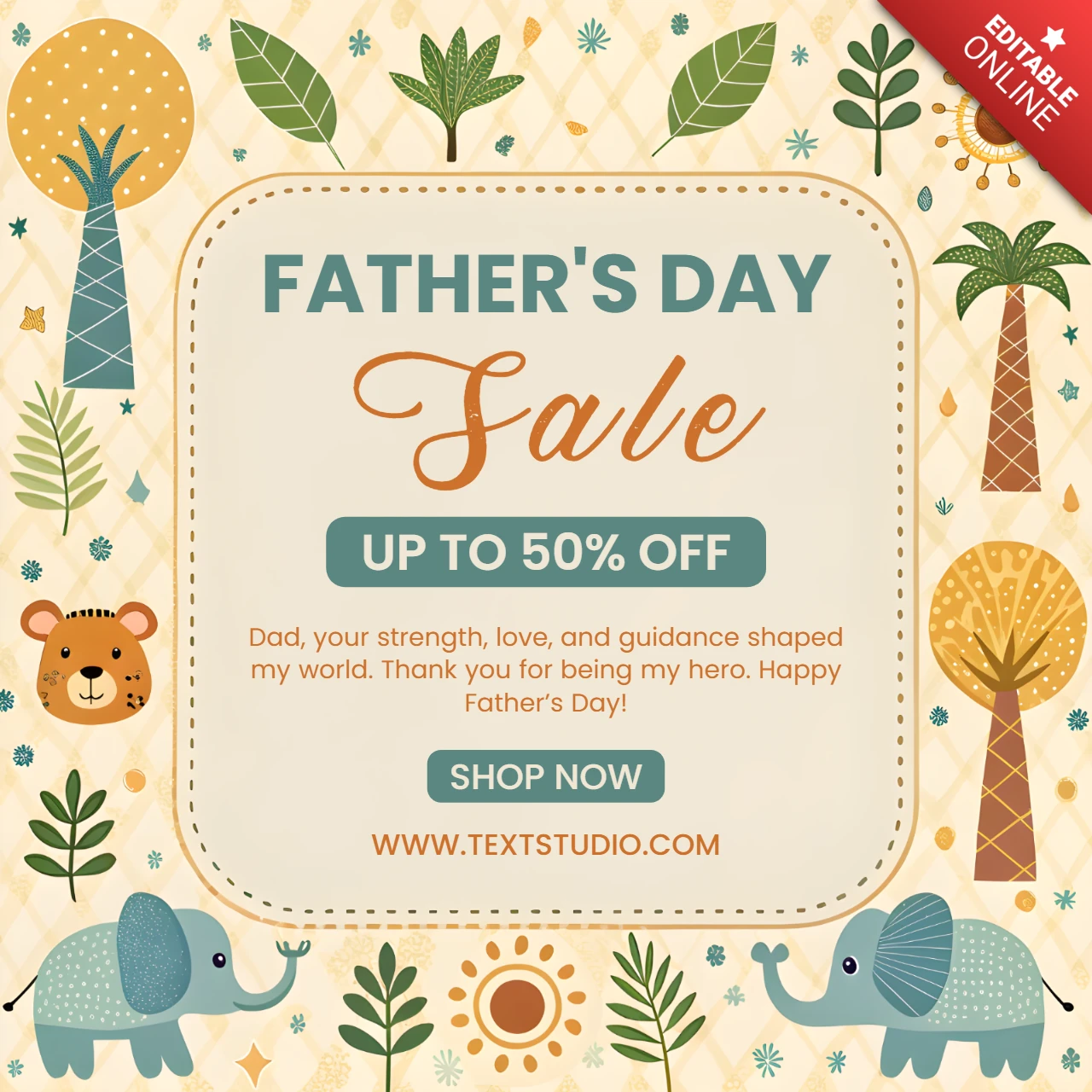 Father's Day Sale Design Template with Elephants and Nature Elements
