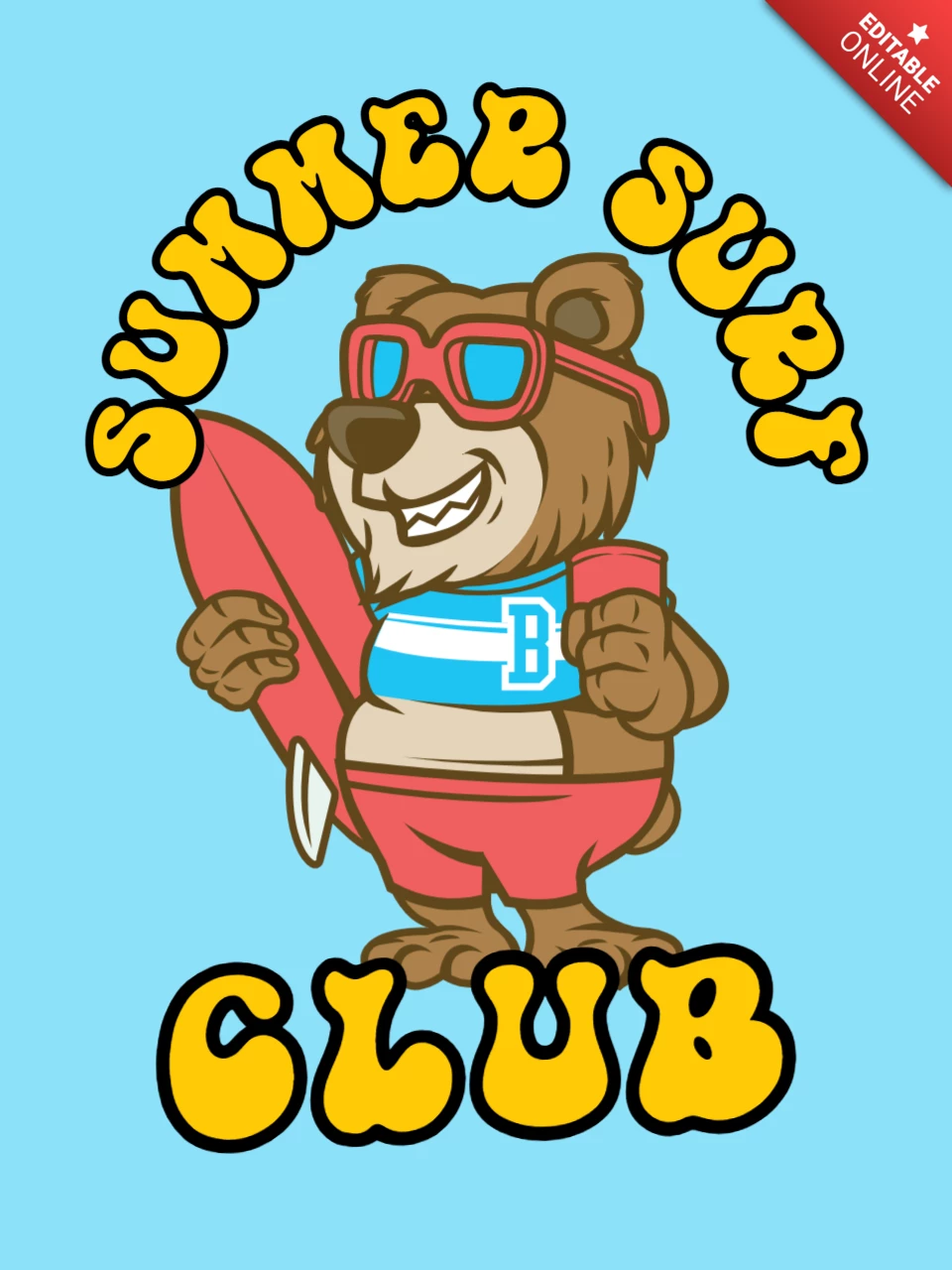 Clube de surf de verão com modelo de design de camiseta de urso