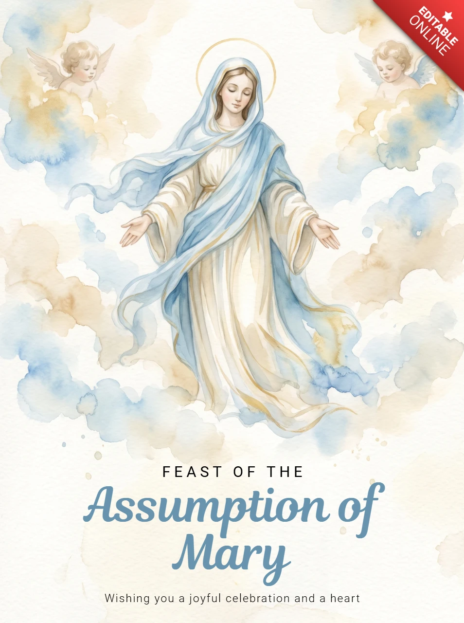 Feast of Assumption Catholic Virgin Mary Halo Radiant Light White Gown Blue Mantle Sacred Illustration