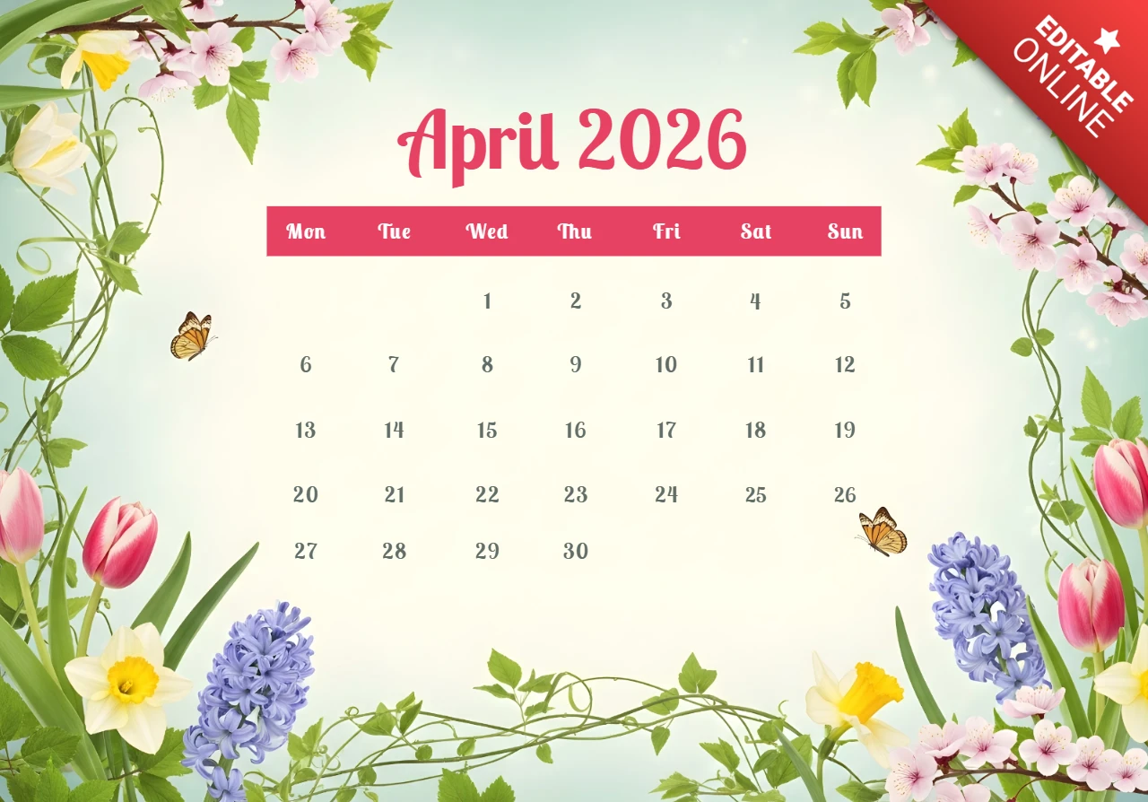 Affiche du calendrier d'avril 2026 — thème tulipes, jonquilles, jacinthes, fleurs de cerisier, papillons et bordure florale décorative
