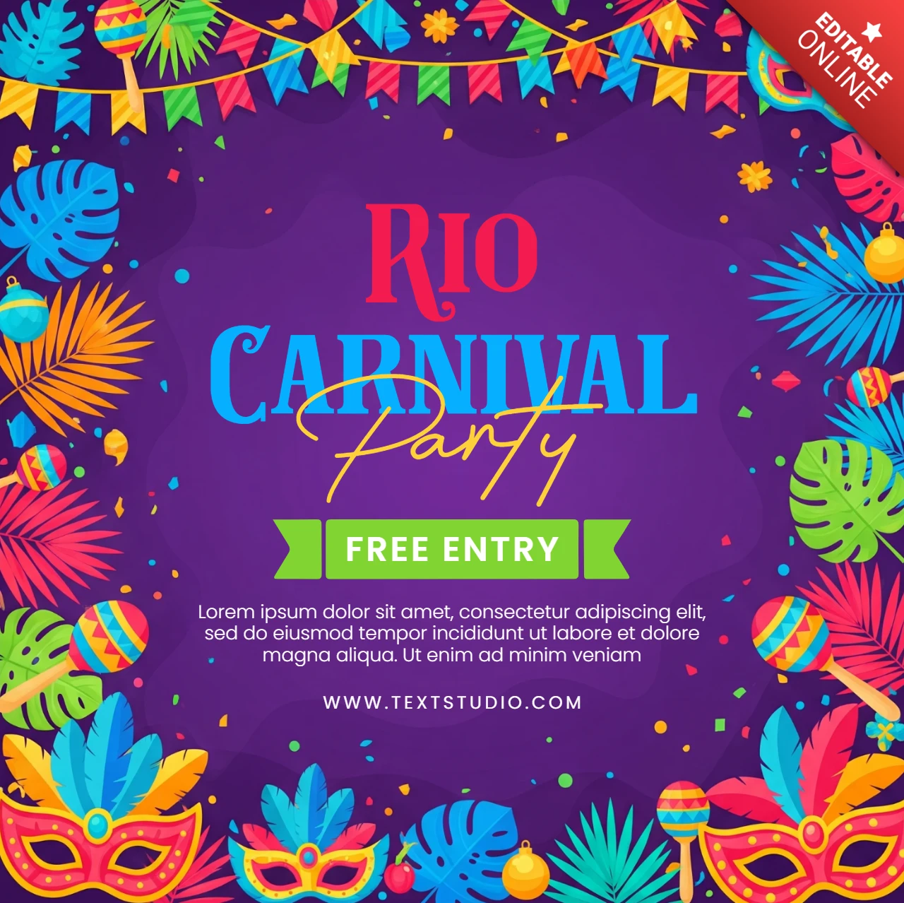 Affiche de célébration du carnaval brésilien, décor tropical coloré avec motif de confettis et de masque.