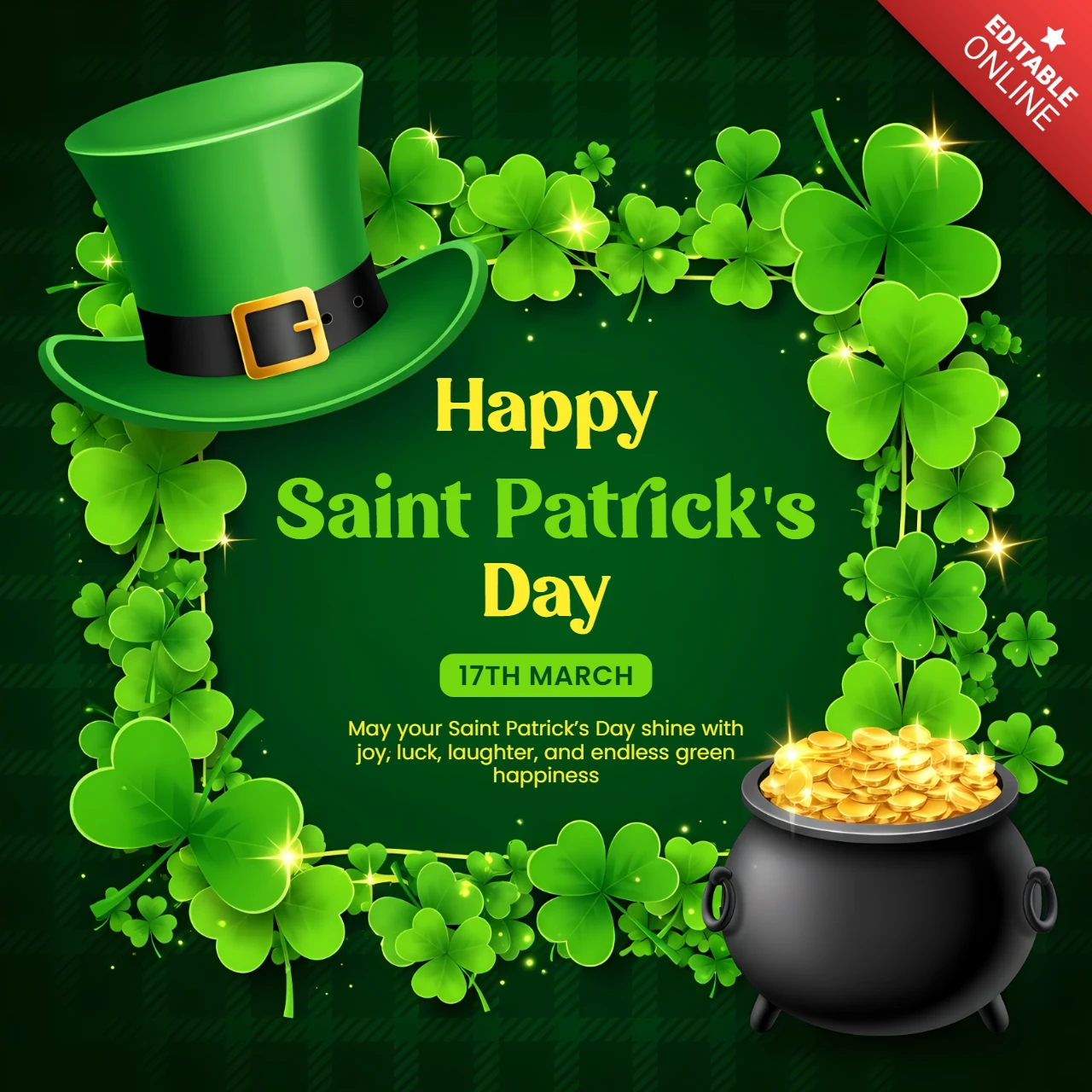 Festliches Designvorlage für den St. Patrick's Day mit Kleeblättern und einem Goldtopf für Grußkarten