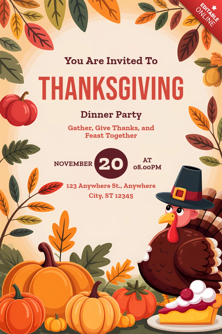 Einladungsvorlage für das Thanksgiving-Dinner mit Design von Truthahn und Herbstblättern