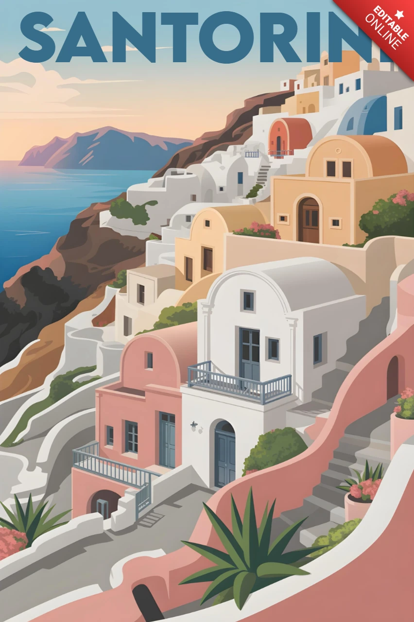 Architecture en falaise avec coucher de soleil sur la mer Égée modèle de design d'affiches de voyage à Santorin.